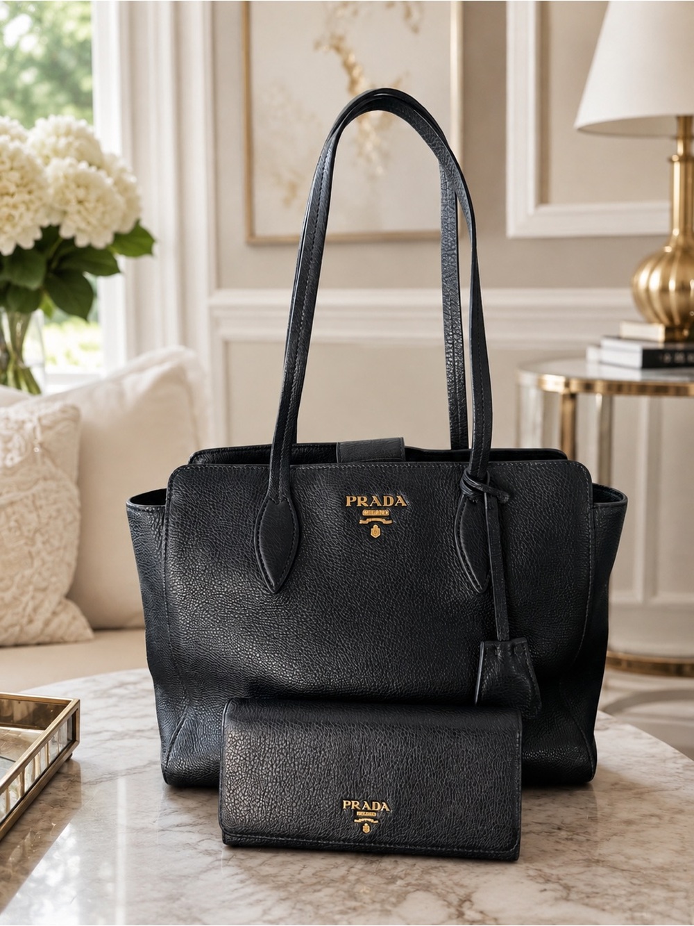 PRADA Vitello Phenix Leather Tote Bag and Matching Wallet 1BG111
